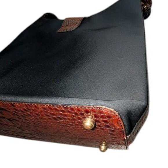 Vintage Brahmin Solid Dark Nylon Croc Style Leather Handle Accents Shoulder Bag - Picture 15 of 16